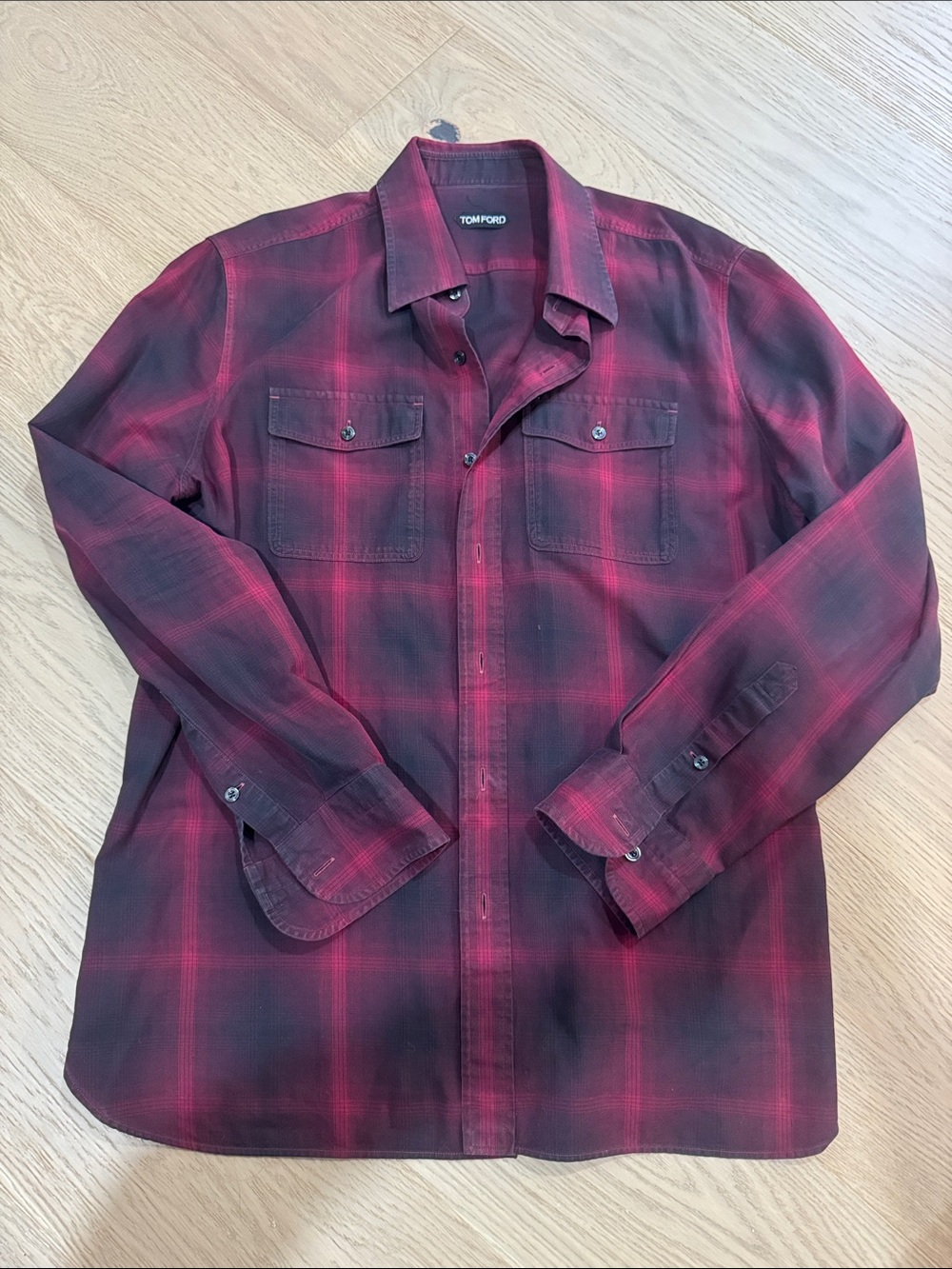 Tom Ford Burgundy and Black Plaid Button-Down Shirt
